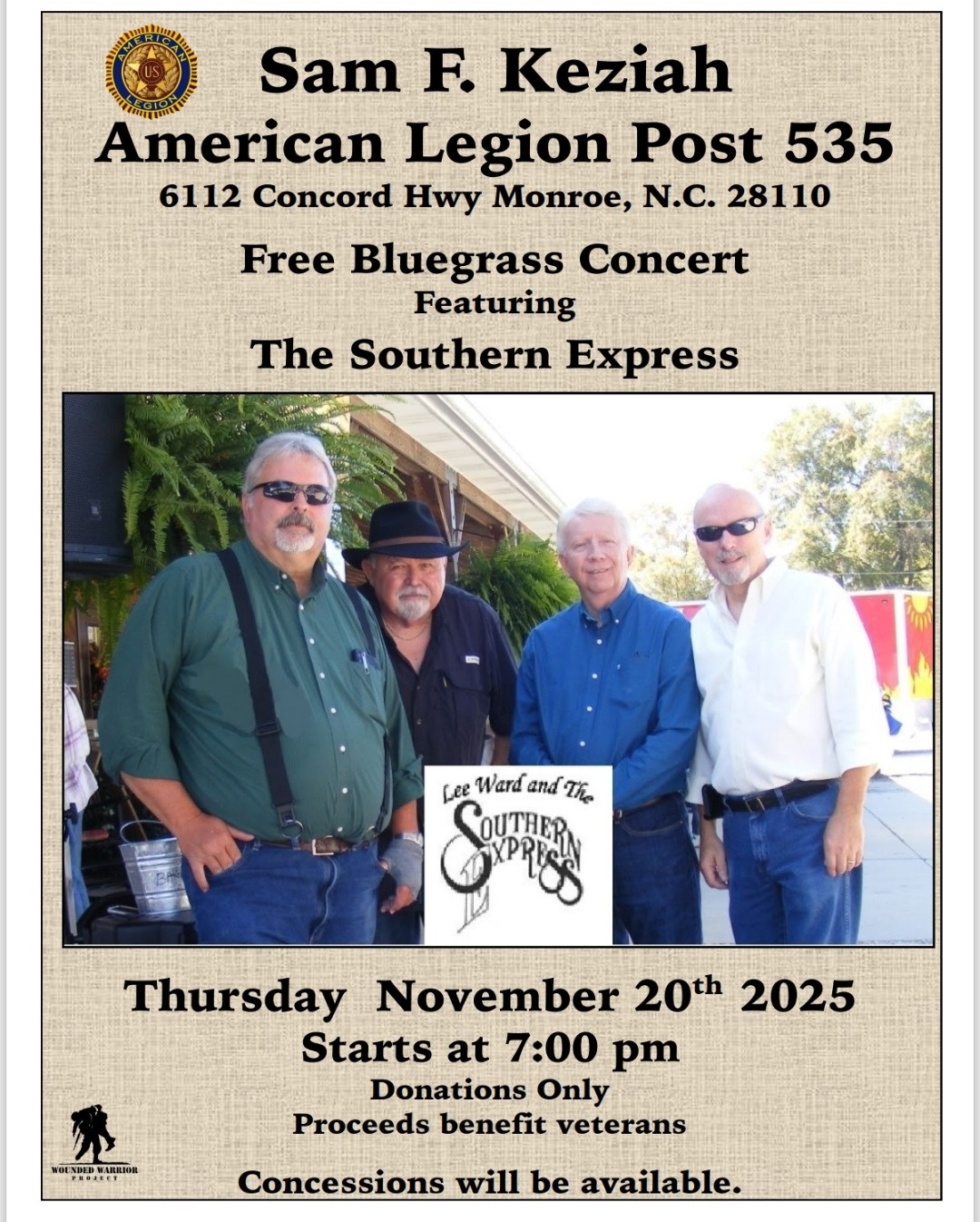 Free Legion Concert Featuring Southern Express on Thursday, November 20 at 7 pm